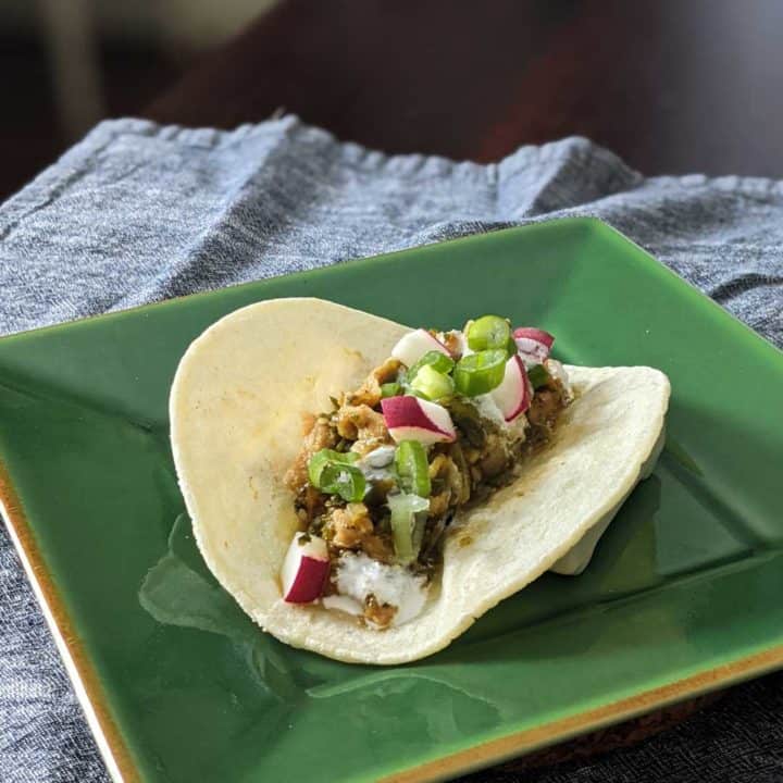 Photo of a tortilla filled with vegan chile verde on a green plate