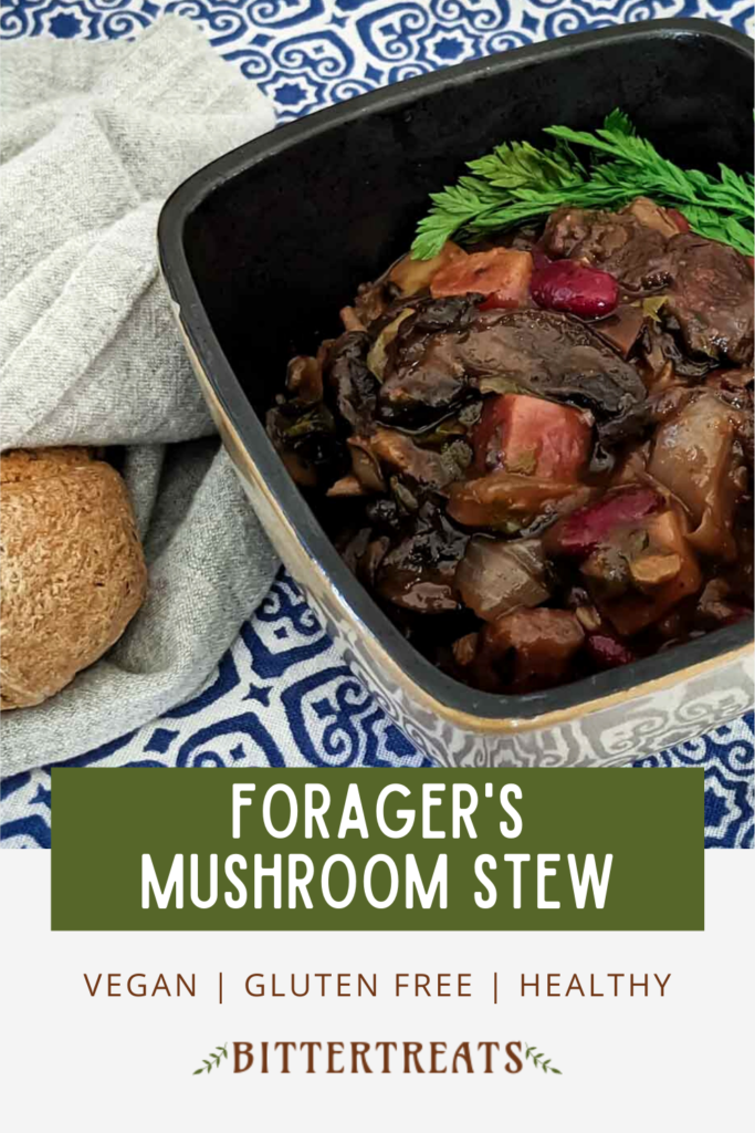 Photo of a bowl of mushroom stew. Text reads: Vegan, Gluten Free, Healthy
