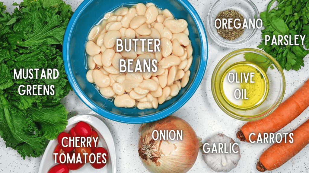 photo of ingredients for butter beans and mustard greens: olive oil, onion, garlic, carrots, cherry tomatoes, butter beans, mustard greens, oregano, parsley