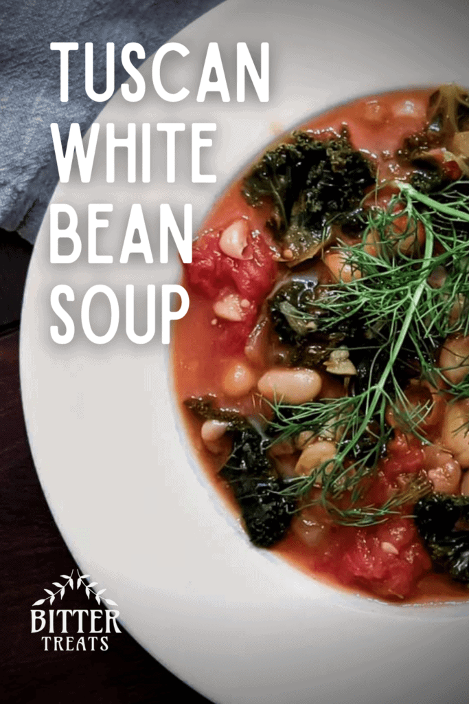 overhead photo of a bowl of tuscan white. bean soup garnished with fennel fronds
