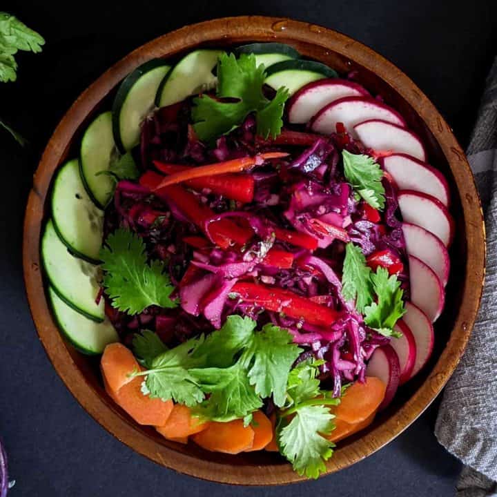 Overhead photo of a bowl of red cabbage salad