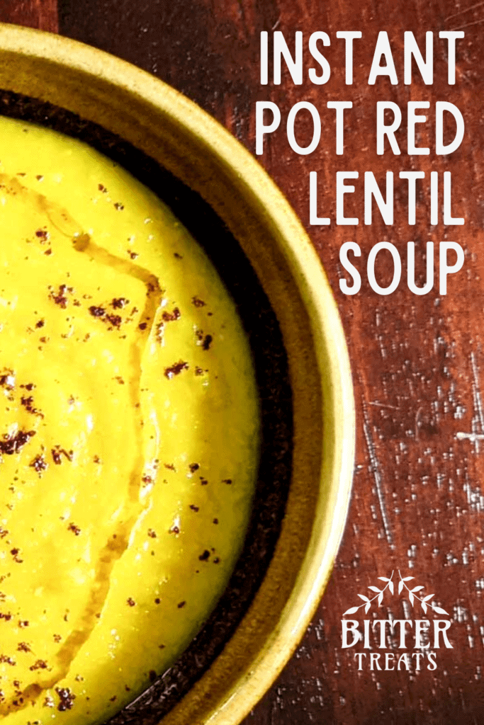 Overhead close up photo of a bowl of red lentil soup