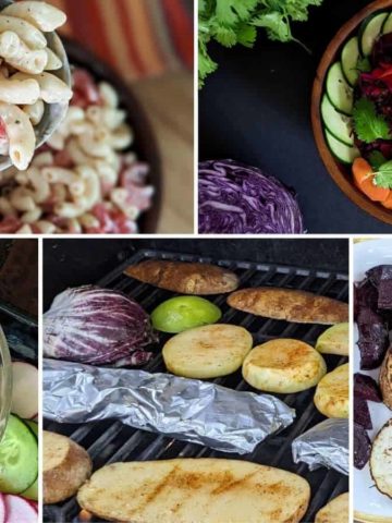 Photo collage of veggies on a grill, red cabbage salad, macaroni salad, hummus, and grilled vegetables