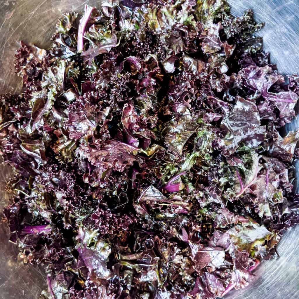 overhead photo of red kale that has been massaged with a small amount of olive oil