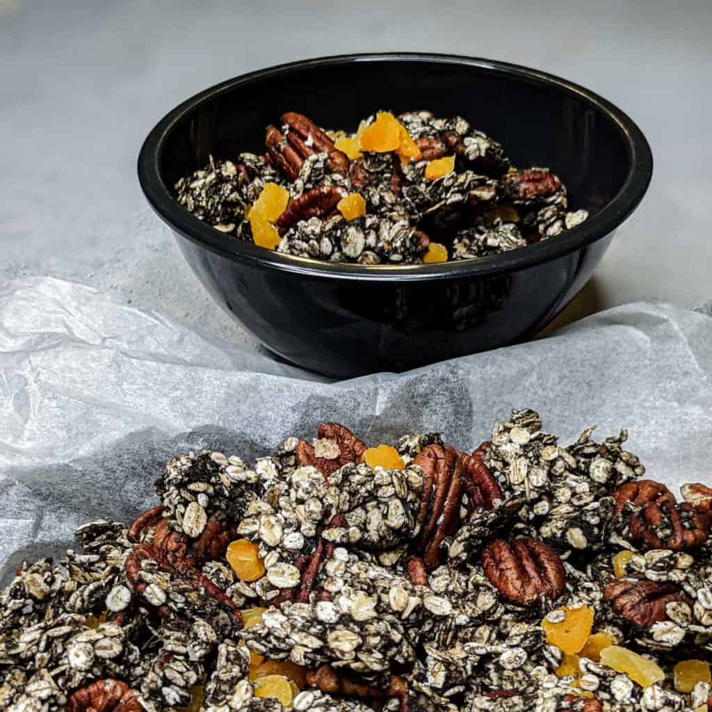 Photo of black sesame granola that is ready to serve