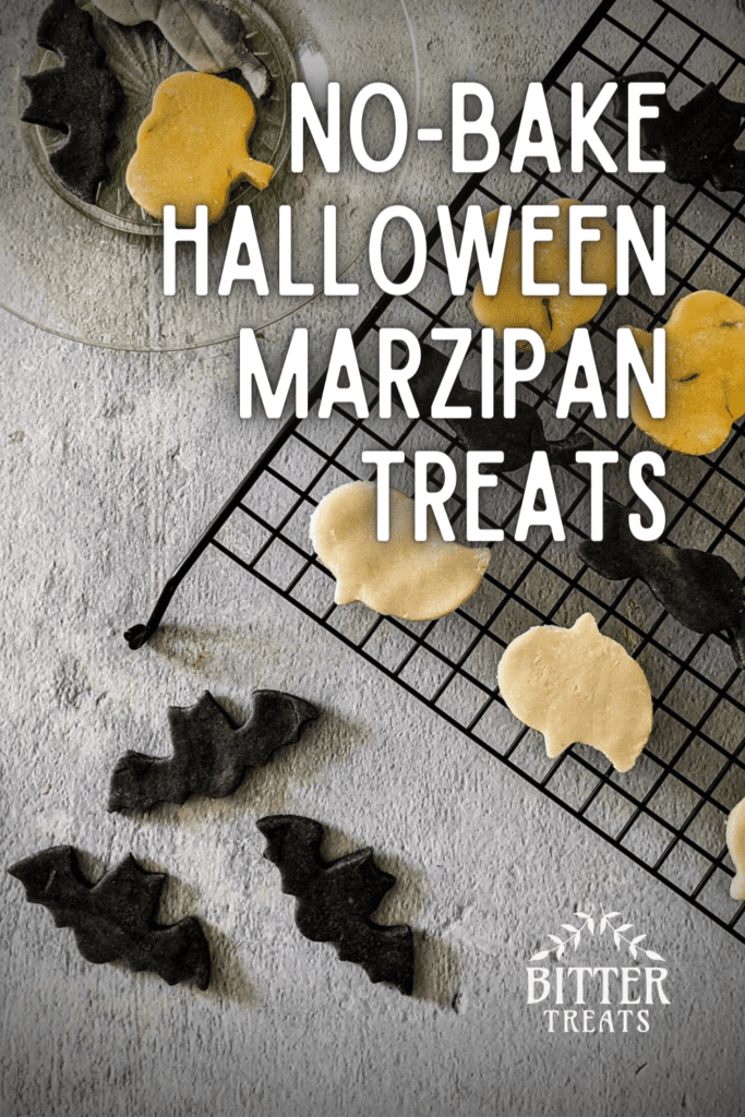 pinterest graphic showing overhead photo of ghost, pumpkin, and cat shaped marzipan pieces text reads no-bake halloween marzipan treats