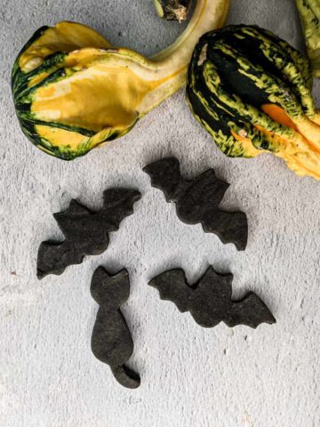 Overhead photo of black sesame marzipan bats and cat next to a group of assorted colorful gourds