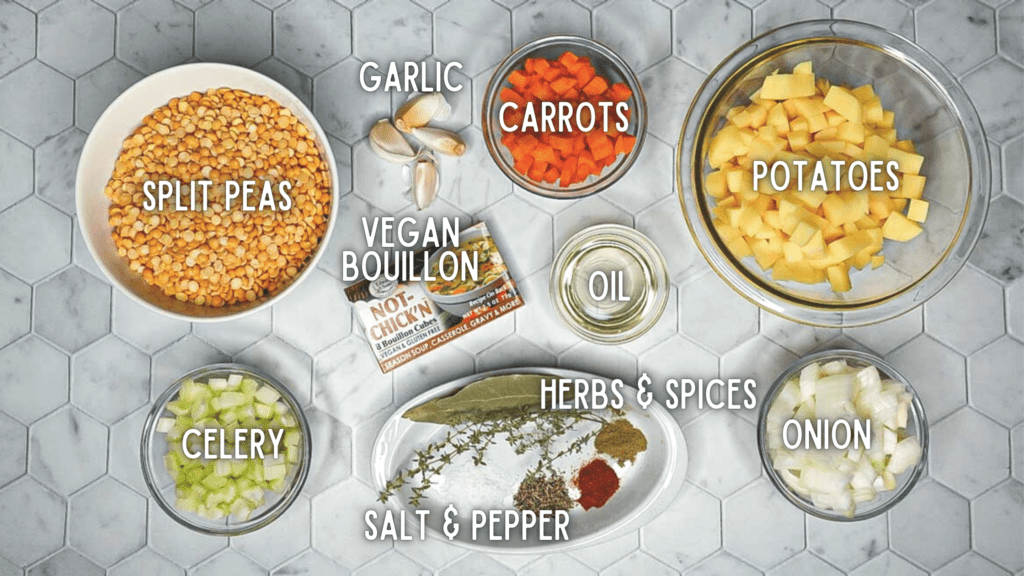 Photo of ingredients for split pea soup: dried split peas, potatoes, carrots, celery, onion, herbs, spices, oil, garlic, bouillon cubes