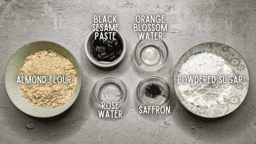 photo of labeled ingredients for halloween marzipan: powdered sugar, almond flour, black sesame paste, rose water, orange blossom water, and saffron