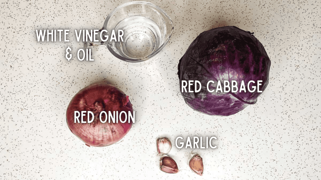 Overhead photo of red cabbage ingredients: head of red cabbage, red onion, garlic cloves, distilled white vinegar and oil