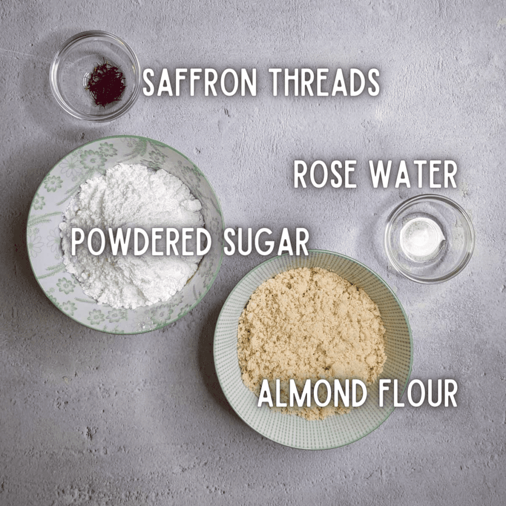 Saffron rose water marzipan ingredients including saffron threads, rose water, powdered sugar, and almond flour