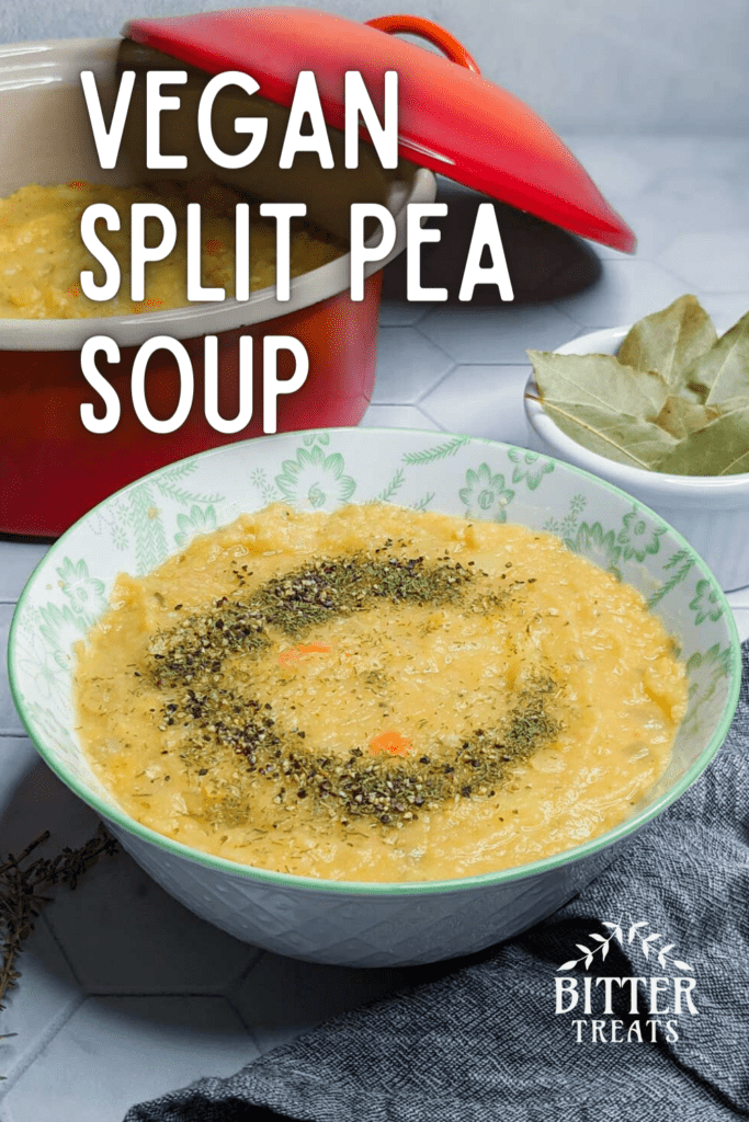 Pinterest graphic with text: vegan split pea soup