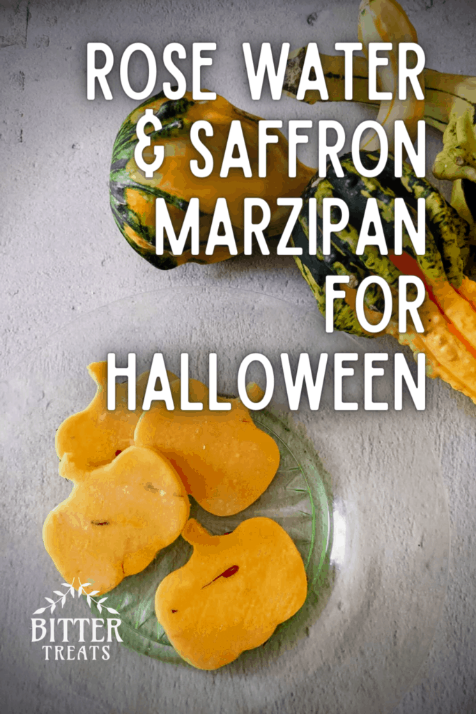 pinterest graphic showing overhead photo of pumpkin shaped marzipan pieces text reads rose water and saffron marzipan for halloween