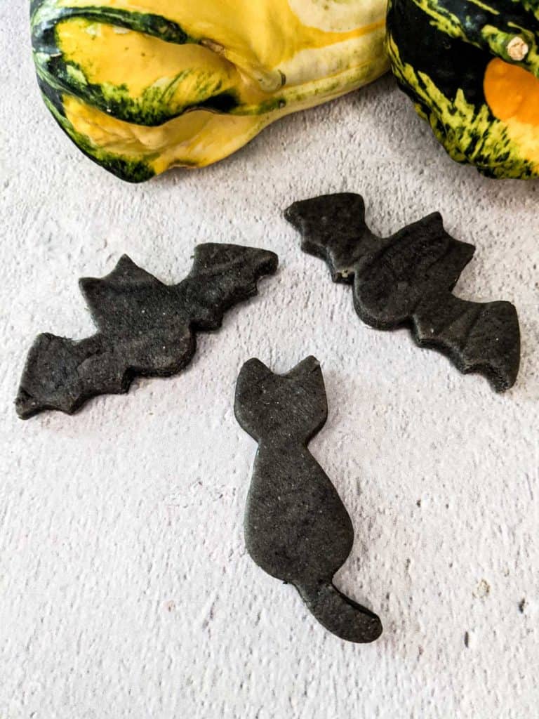 Overhead photo of black sesame marzipan bats and cat next to a group of assorted colorful gourds