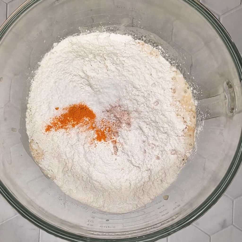 photo of challah ingredients in mixing bowl