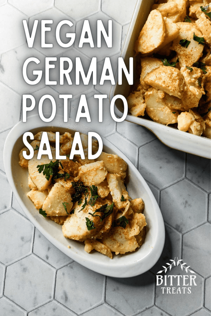 pinterest graphic for vegan german potato salad showing overhead photo of a large dish of potato salad next to a single portion