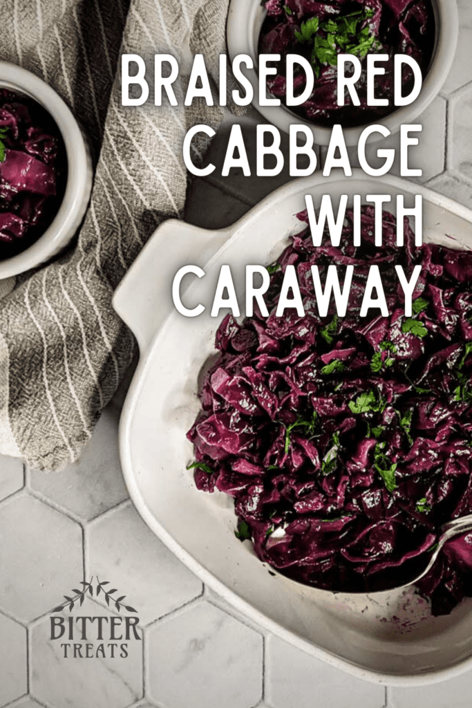 pinterest graphic for braised red cabbage with caraway showing overhead photo of a large dish of braised red cabbage next to a single portion