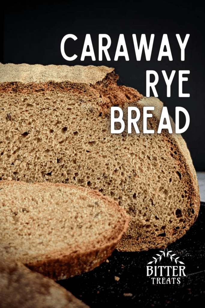 pinterest graphic for caraway rye bread showing a close-up side view photo of a sliced loaf of caraway rye bread with several slices