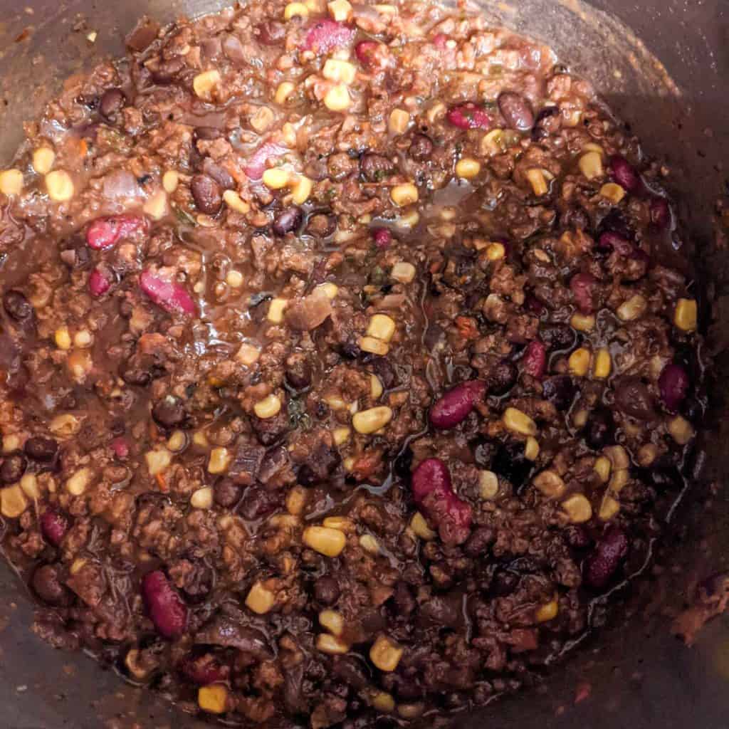 Photo of the chili simmering with all ingredients combined