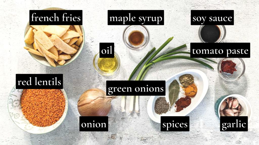 Overhead photo of the ingredients for spiced red lentils over crispy potatoes